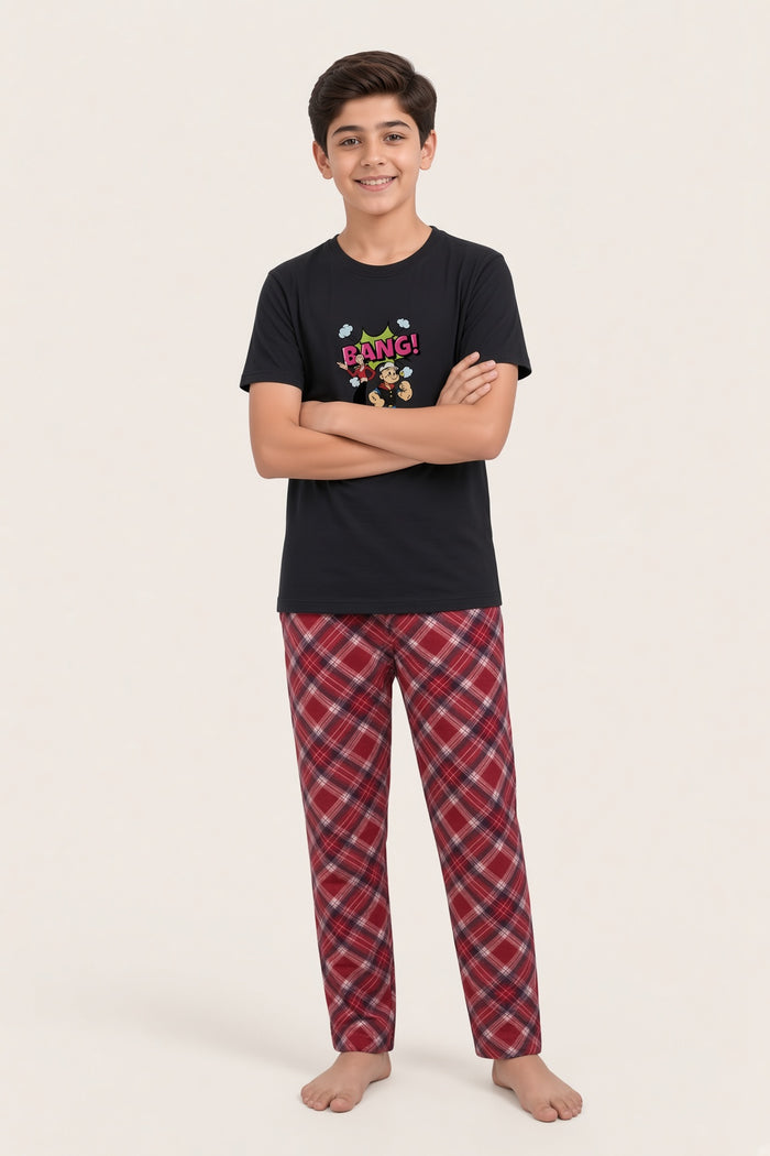 Boys Premium Black Printed Cotton T-Shirt & Red Check Cotton Trouser Set (Bang)