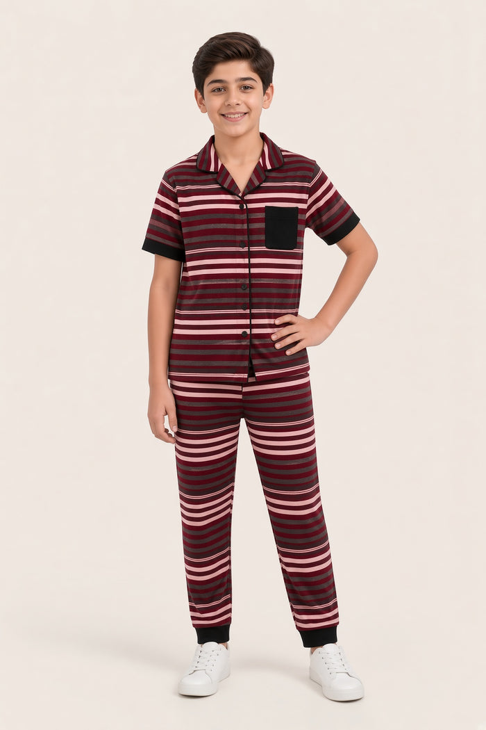 Boys Premium Jersey Cotton Lycra Striped Pajama Set (Red,Grey and Pink)