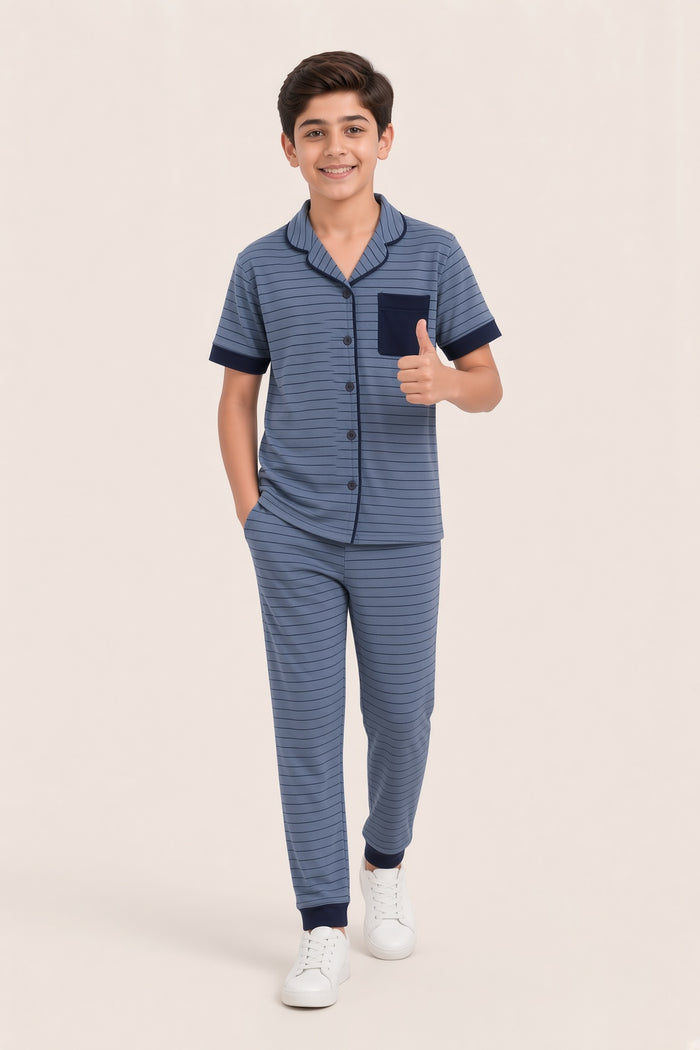 Boys Premium Slate Blue Striped Jersey Cotton Lycra Pajama Set
