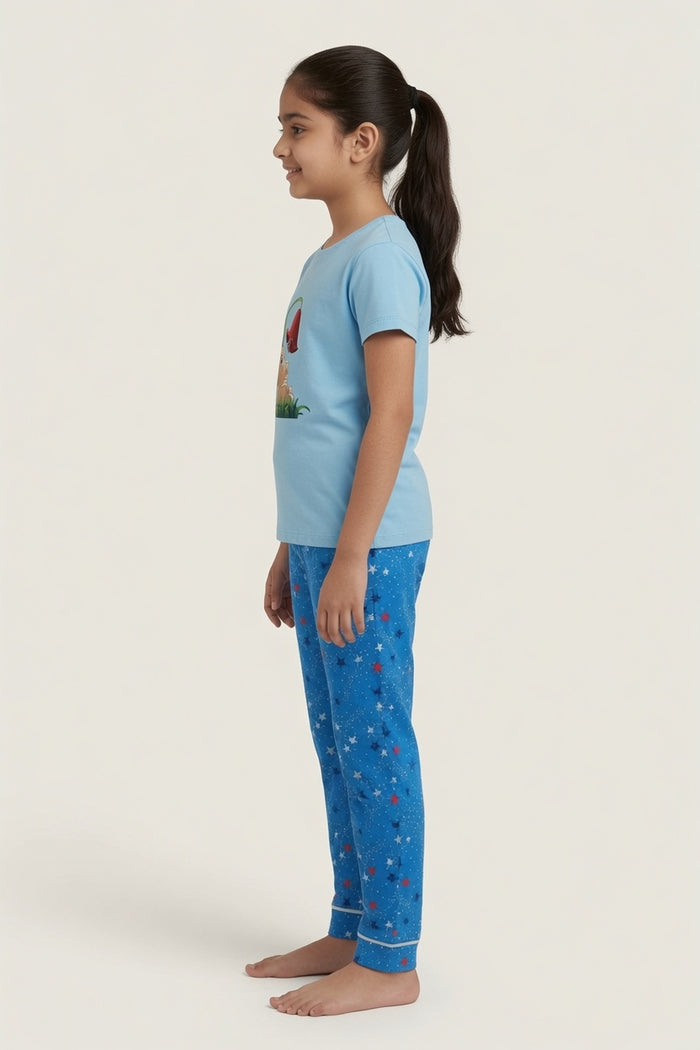 Girls Premium Sky Blue Bunny Printed T-Shirt & Blue Star Printed Trouser Set