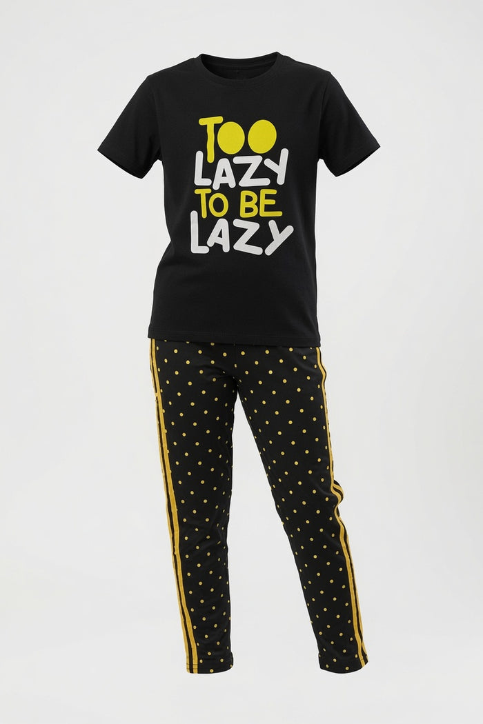 Girls Premium "Too Lazy To Be Lazy" Printed & Black Polka Dot Trouser Set