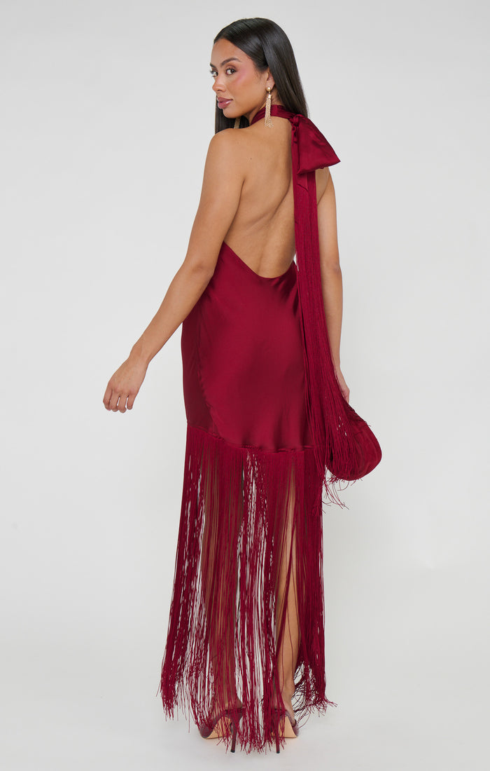 Jasmine Fringe Maxi Dress ~ Cranberry Luxe Satin