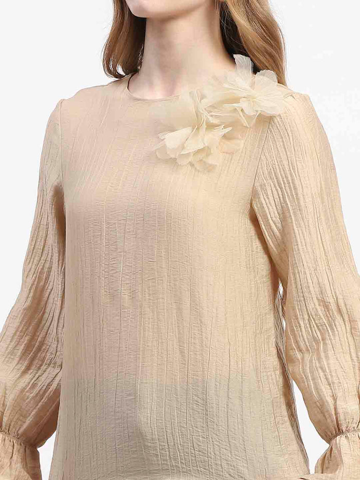 Madame 3D Flower Detailed Round Neck Solid Beige Top