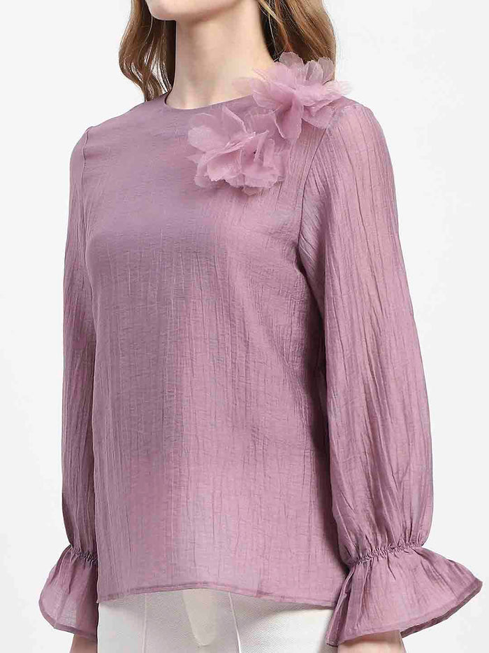 Madame 3D Flower Detailed Round Neck Solid Lilac Top