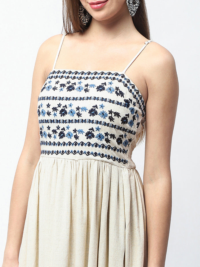 Madame Floral Embroidered Sleeveless Off White Midi Dress