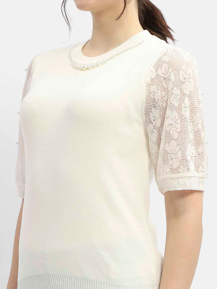 Madame Lace Adorned Beige Embellished Neck Top