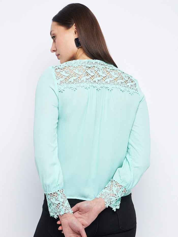 Madame Lace Detailed Sea Green V-Neck Shirt