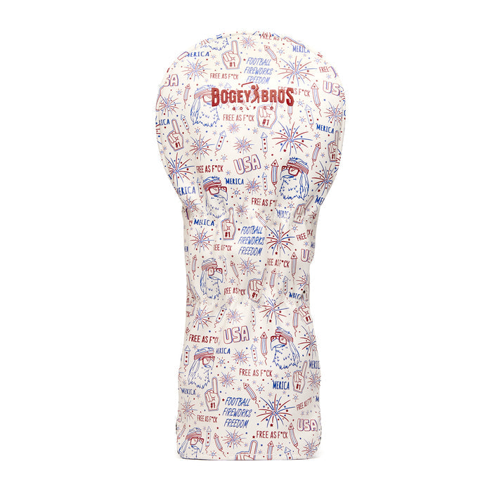 A white golf club headcover with red and blue cartoon graphics and text. Designs include fireworks, eagles, Uncle Sam, “USA,” and phrases like “Freedom” and “America.” The top reads “Bogey Bros.” The pattern repeats over the entire headcover.
