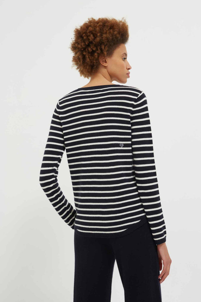 Navy-Cream Breton Heart Wool-Cashmere Sweater