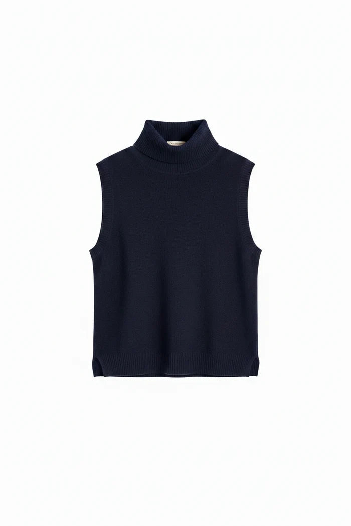 Navy Wool-Cashmere High-Neck Tank