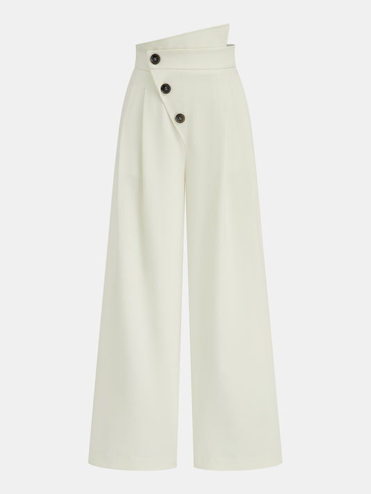 Asymmetric Button Mid-Waist Wide-Leg Pants