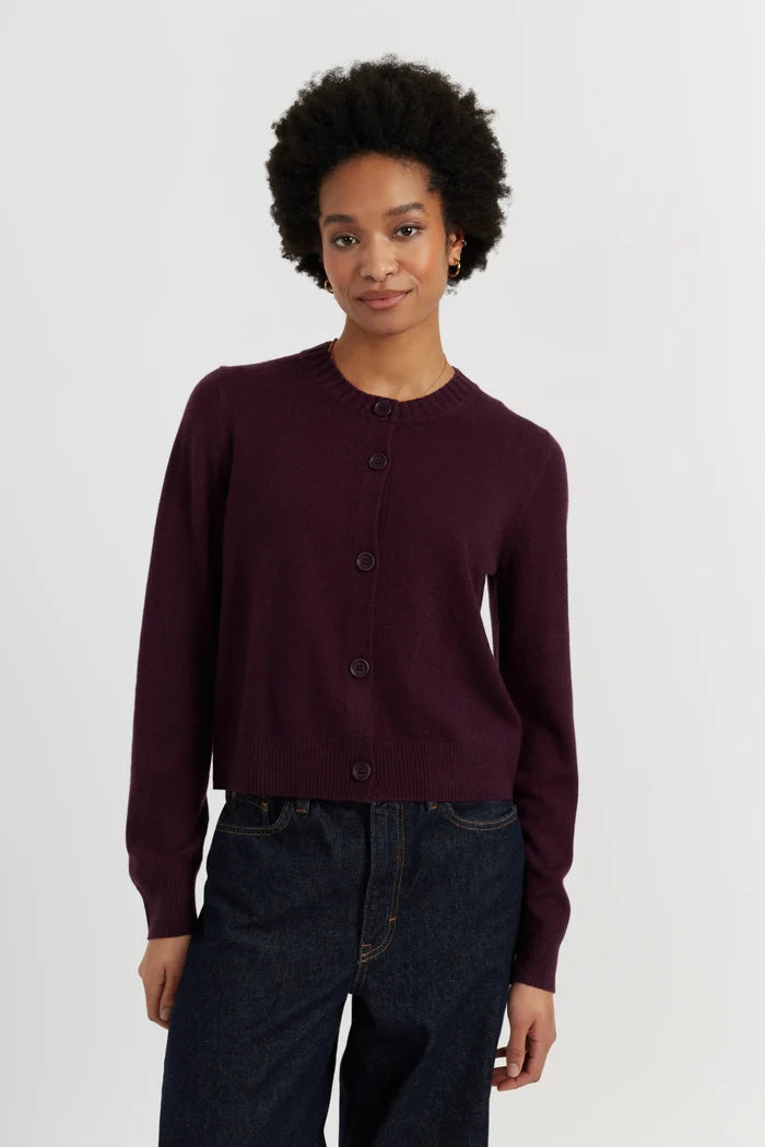 Aubergine Wool-Cashmere Crew Neck Cardigan