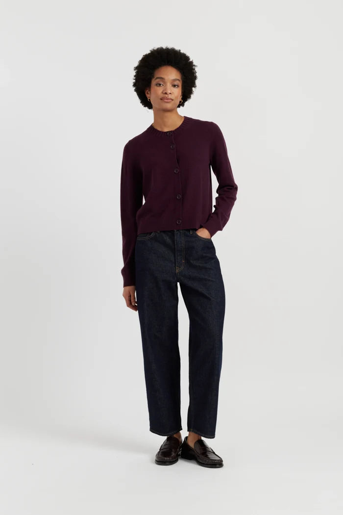 Aubergine Wool-Cashmere Crew Neck Cardigan