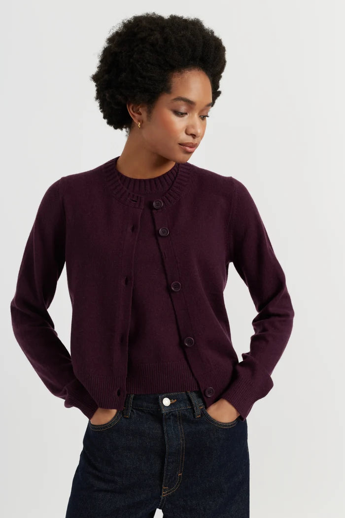 Aubergine Wool-Cashmere Crew Neck Cardigan