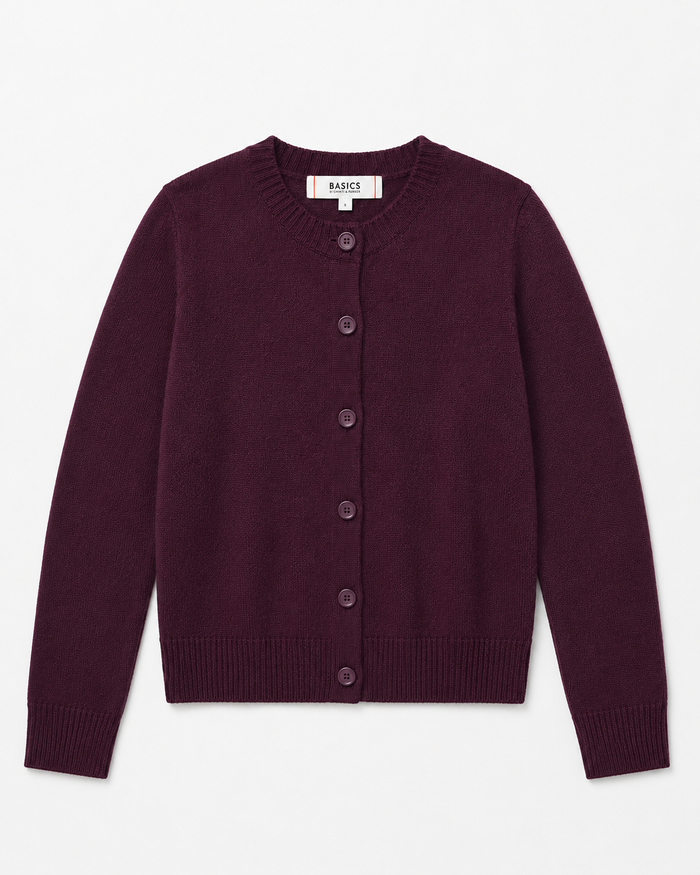 Aubergine Wool-Cashmere Crew Neck Cardigan