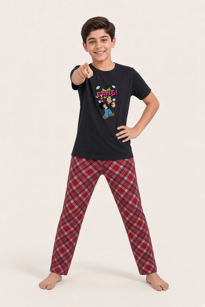 Boys Premium Black Printed Cotton T-Shirt & Red Check Cotton Trouser Set (Bang)