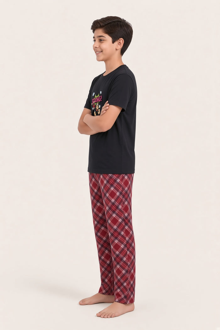 Boys Premium Black Printed Cotton T-Shirt & Red Check Cotton Trouser Set (Bang)