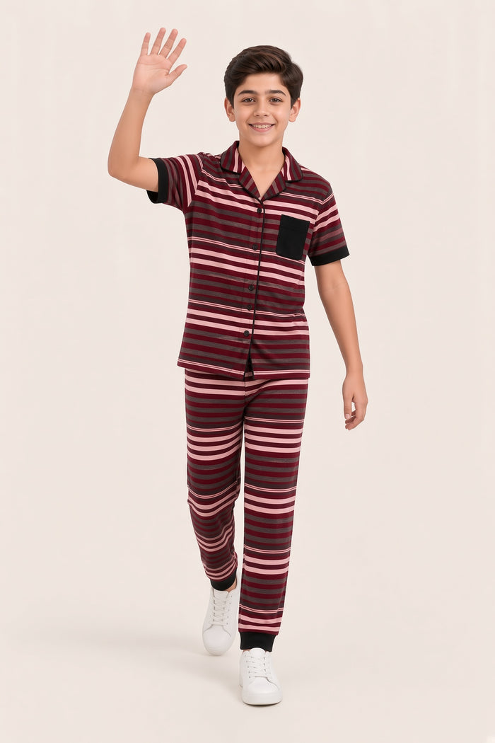 Boys Premium Jersey Cotton Lycra Striped Pajama Set (Red,Grey and Pink)