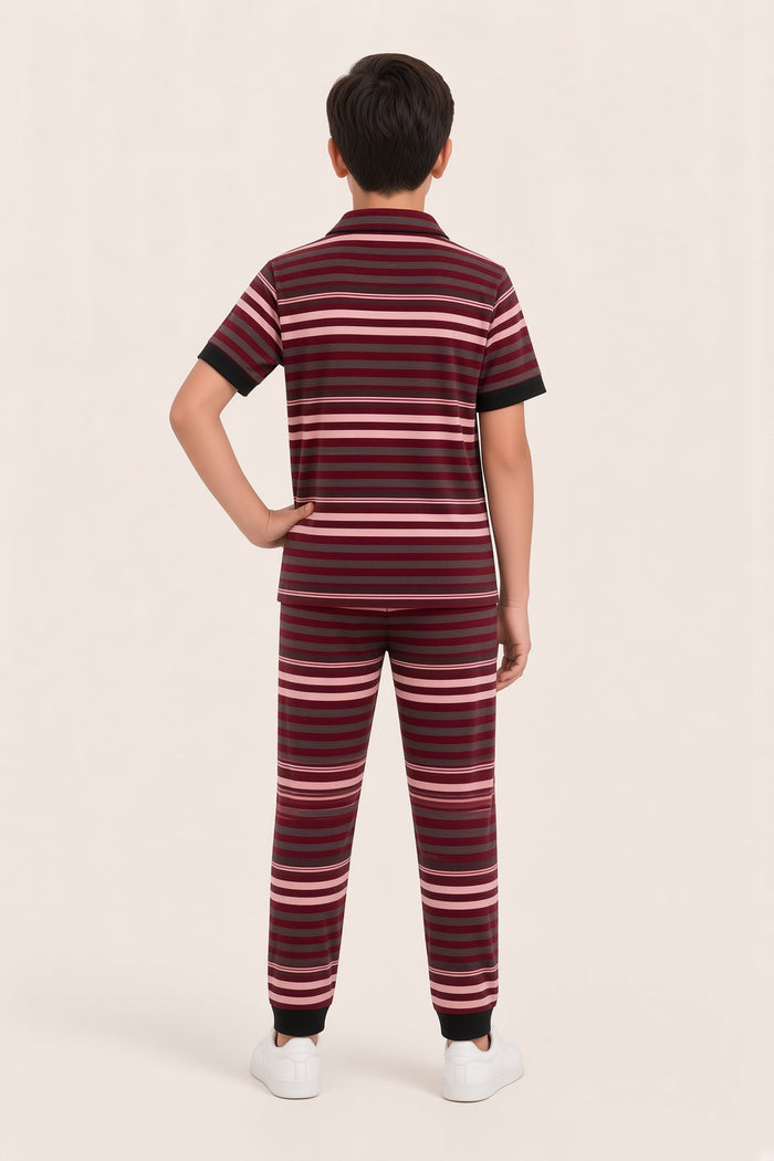 Boys Premium Jersey Cotton Lycra Striped Pajama Set (Red,Grey and Pink)