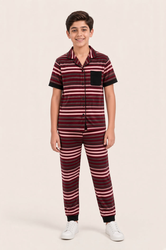 Boys Premium Jersey Cotton Lycra Striped Pajama Set (Red,Grey and Pink)