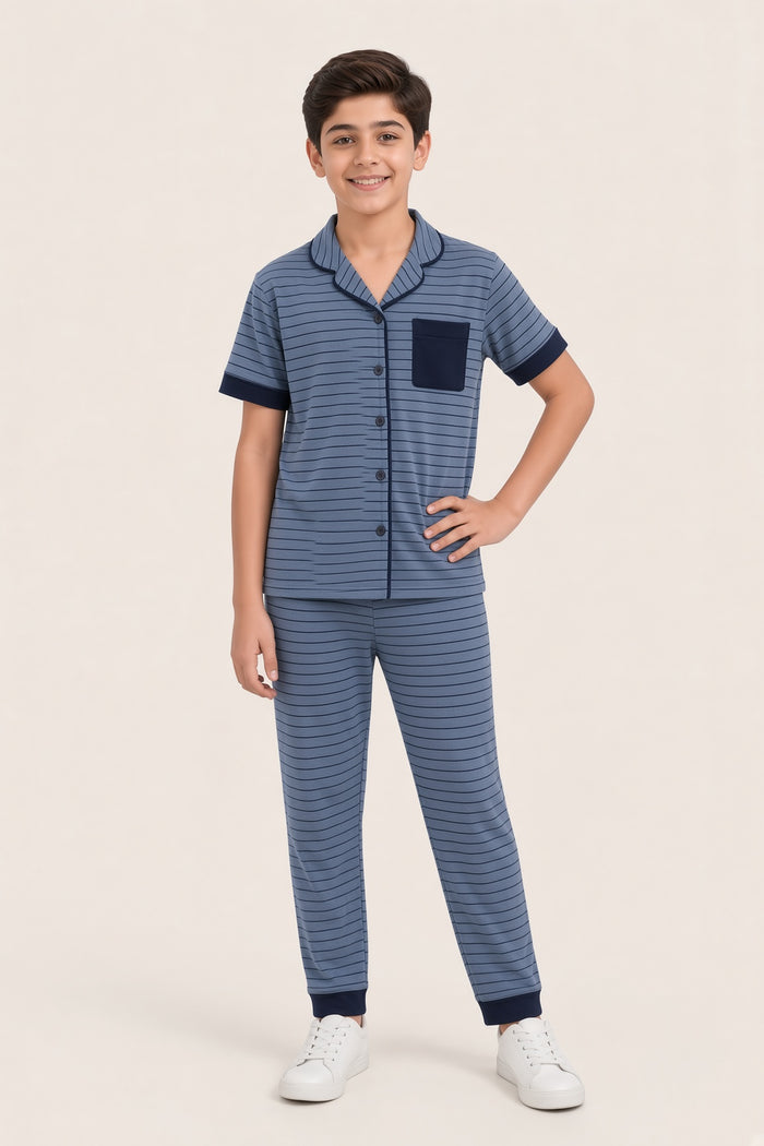 Boys Premium Slate Blue Striped Jersey Cotton Lycra Pajama Set