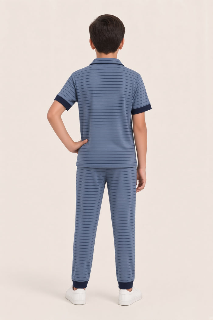 Boys Premium Slate Blue Striped Jersey Cotton Lycra Pajama Set