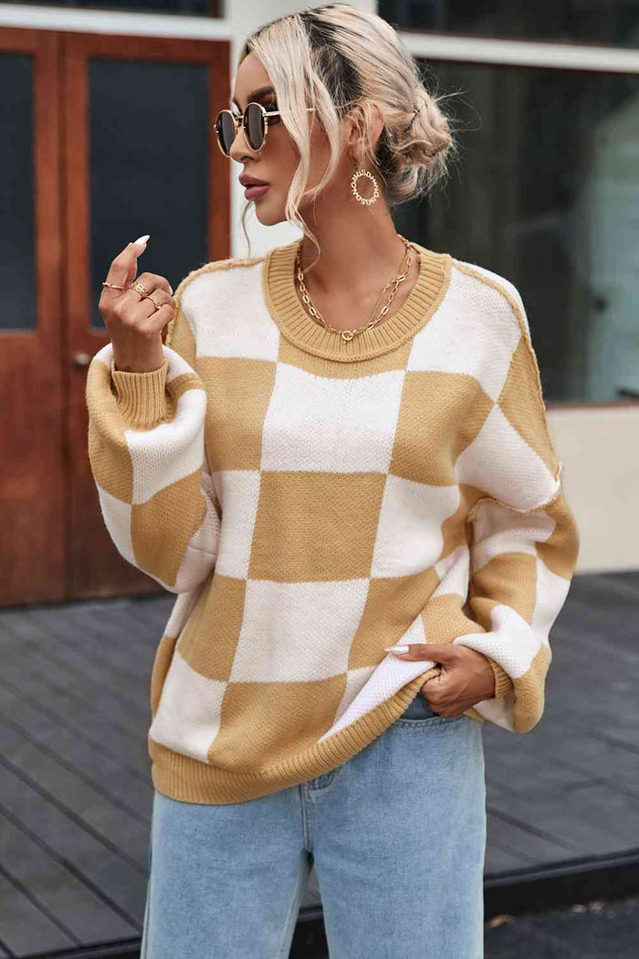 Checkered Exposed Seam Drooped Shoulder Sweater - Madikfashions.com