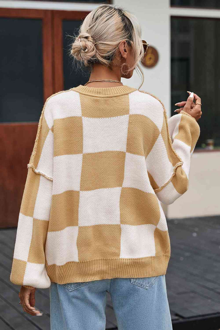 Checkered Exposed Seam Drooped Shoulder Sweater - Madikfashions.com