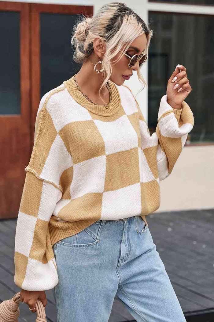 Checkered Exposed Seam Drooped Shoulder Sweater - Madikfashions.com
