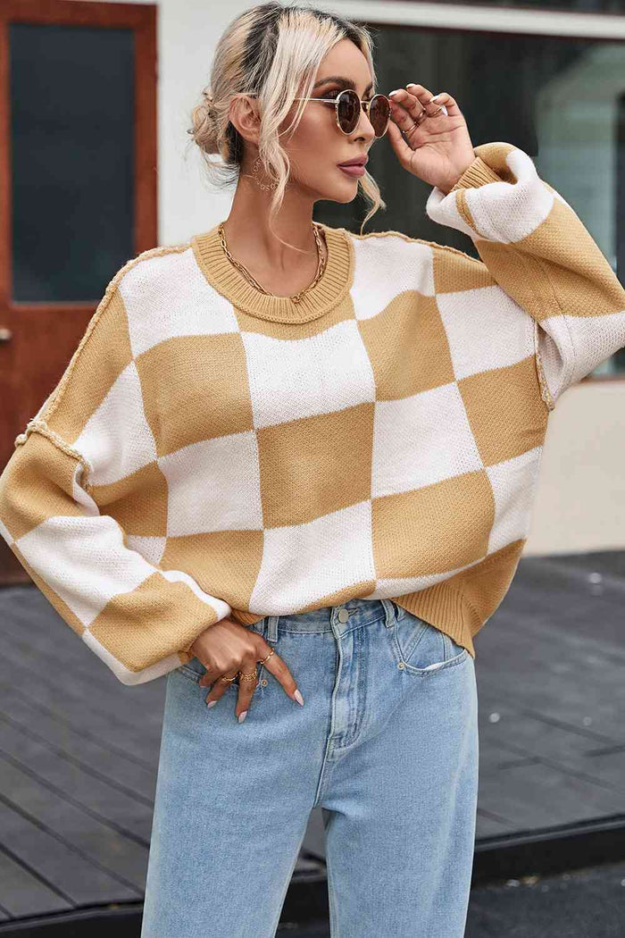 Checkered Exposed Seam Drooped Shoulder Sweater - Madikfashions.com