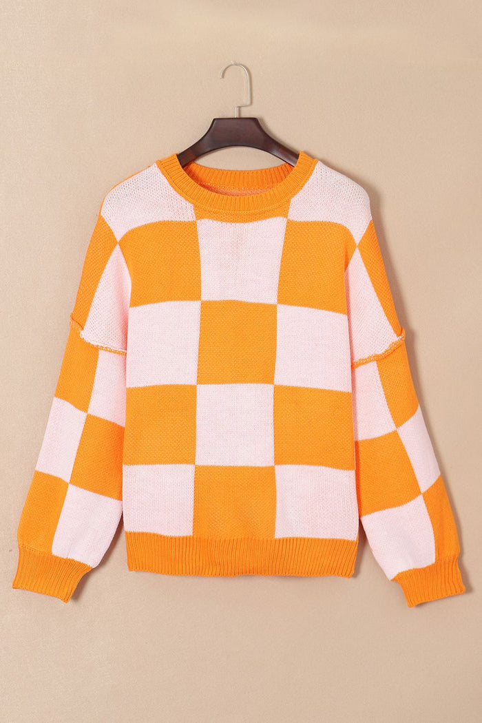 Checkered Exposed Seam Drooped Shoulder Sweater - Madikfashions.com