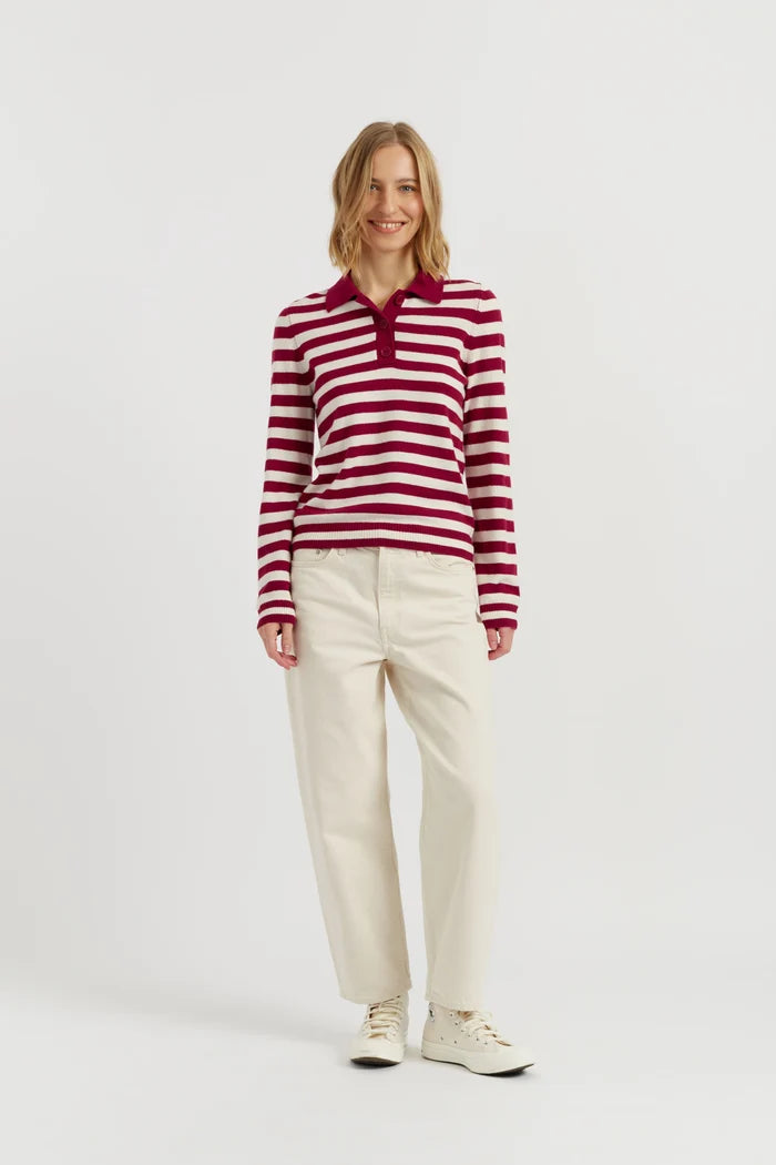 Cherry Wool-Cashmere Stripe Collared Sweater