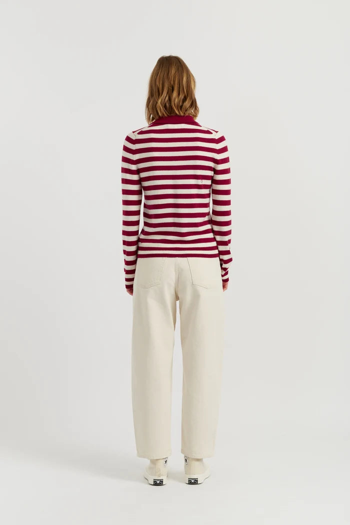 Cherry Wool-Cashmere Stripe Collared Sweater