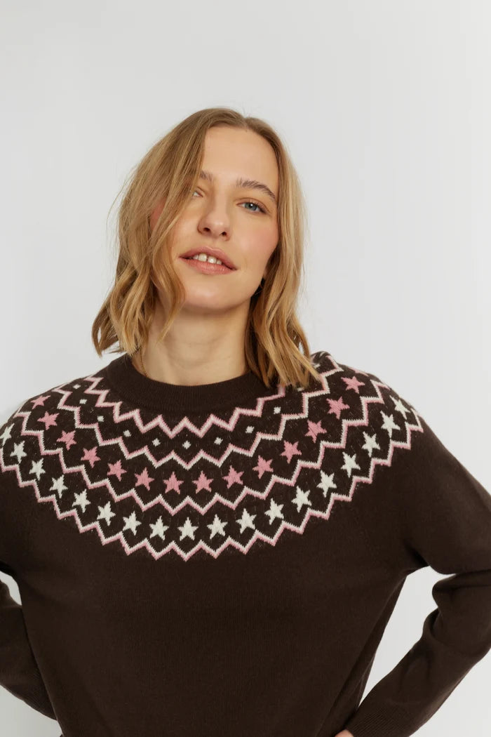 Chocolate Wool-Cashmere Fair Isle Sweater