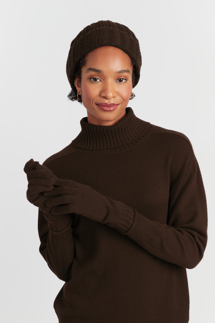 Chocolate Wool-Cashmere Ribbed Beanie