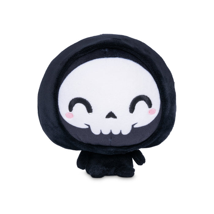 Cloudheads: 5" Halloween Bundle - Grim. A black plush Grim Reaper toy with a hood and a white skull face featuring simple black eyes and mouth details, along with pink cheeks that make it look like they are smiling, set against a plain white background.