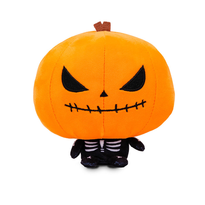 Cloudheads: 5" Halloween Bundle - Punkin. A plush pumpkin headed toy with a large orange head, black stitched jack-o'-lantern face, and a small black-and-white skeleton body, shown on a plain white background.