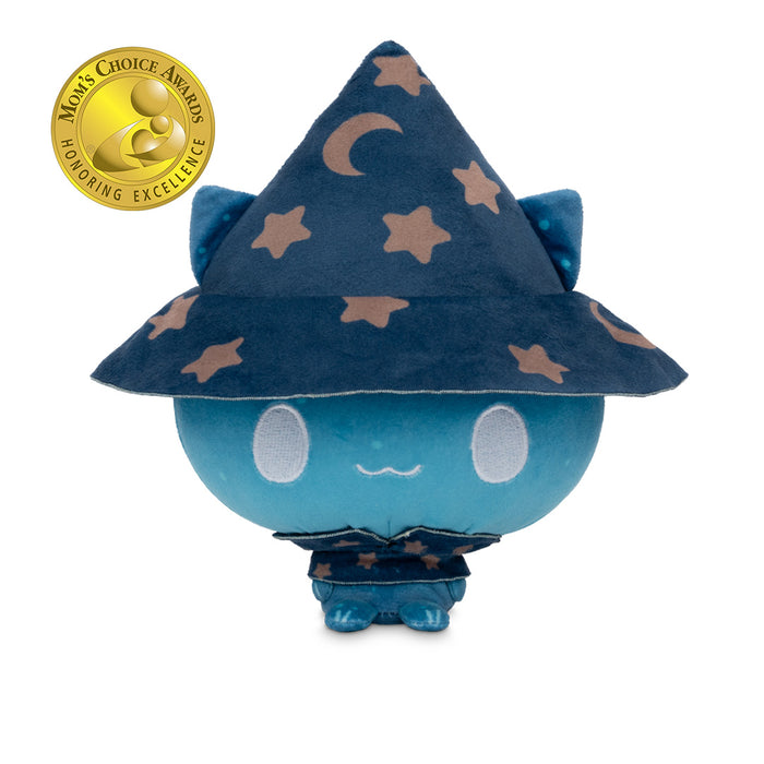 Cloudheads: 5" Mystic Moon (Eclipse) -  A blue plush cat wearing a dark blue witch hat with tan stars and crescent moon patterns, shown on a white background with a gold Mom's Choice Awards badge in the top-left corner.