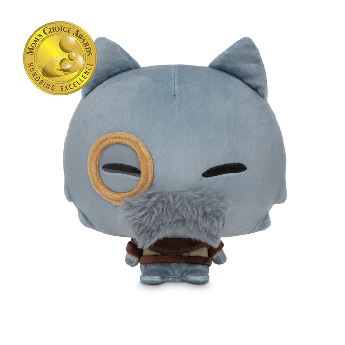 Cloudheads: 5" Mystic Moon (Galileo). A plush gray cat with pointed ears, a fuzzy gray mustache, and a monocle over one eye, shown on a white background with a gold 'Mon's Choice Awards Nourishing Excellence' badge in the top-left corner.