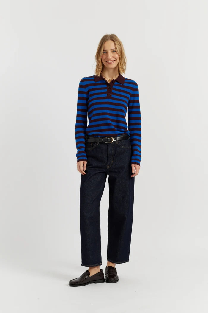 Cobalt Wool-Cashmere Stripe Collared Sweater