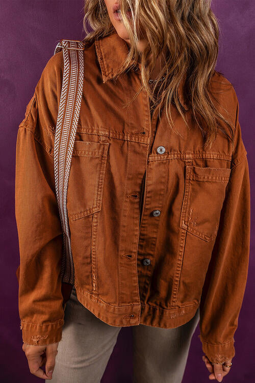 Collared Neck Button-Up Denim Jacket - Madikfashions.com
