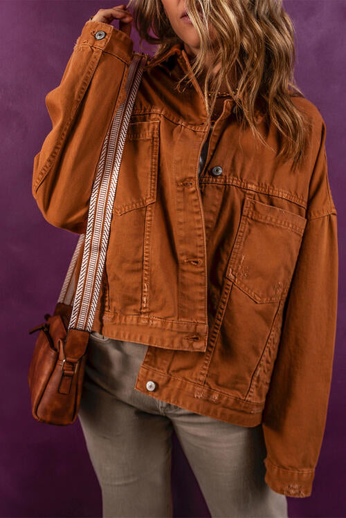 Collared Neck Button-Up Denim Jacket - Madikfashions.com