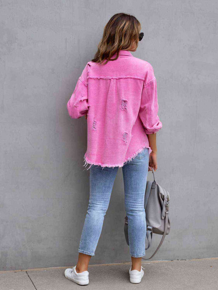 Distressed Drop Shoulder Denim Jacket - Madikfashions.com