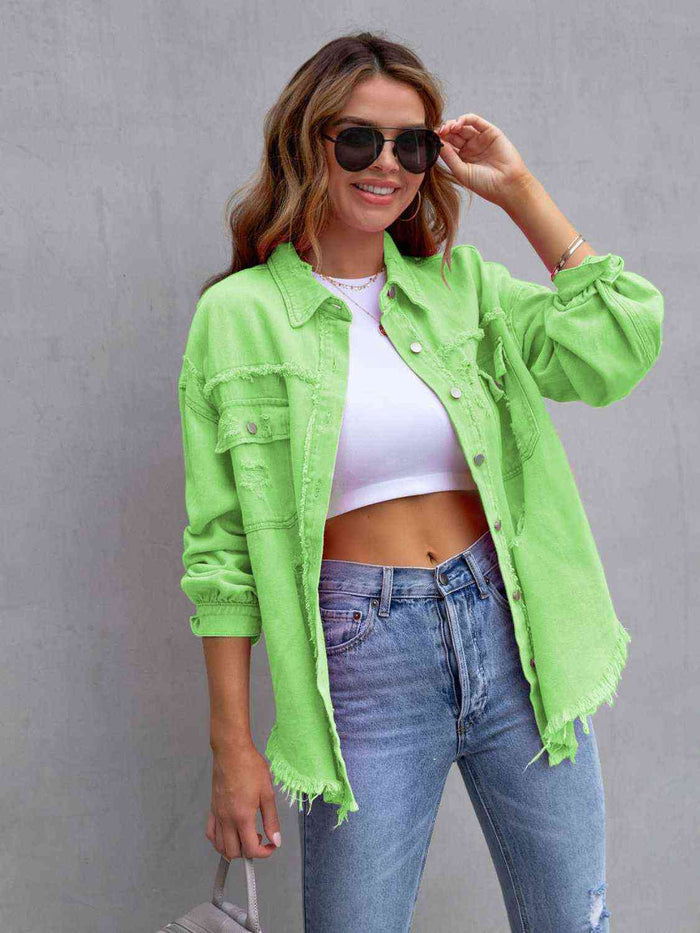 Distressed Drop Shoulder Denim Jacket - Madikfashions.com