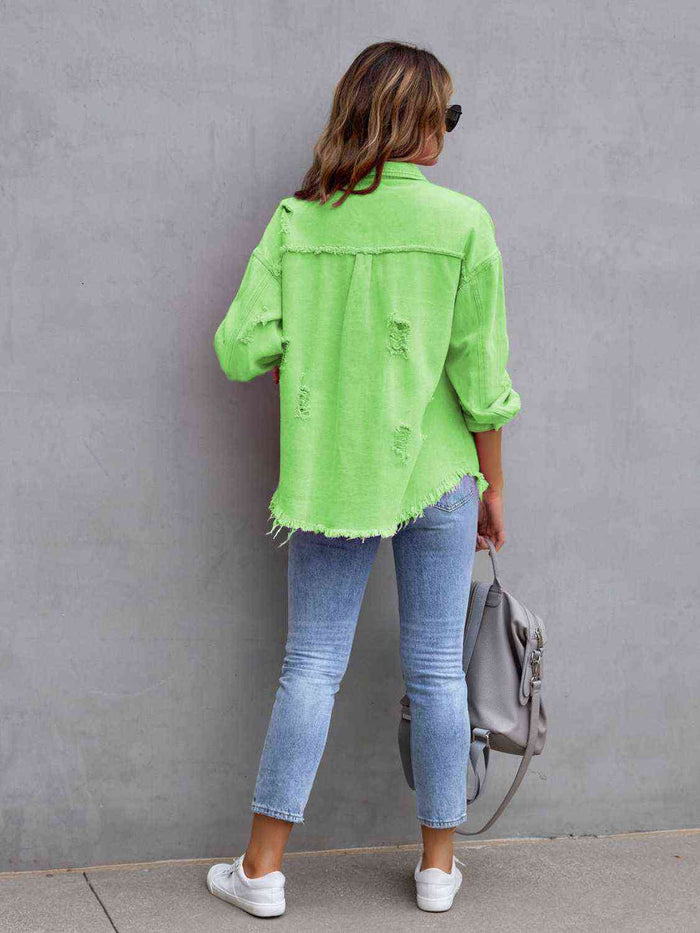 Distressed Drop Shoulder Denim Jacket - Madikfashions.com