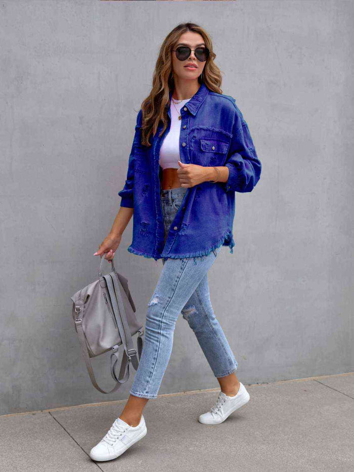Distressed Drop Shoulder Denim Jacket - Madikfashions.com