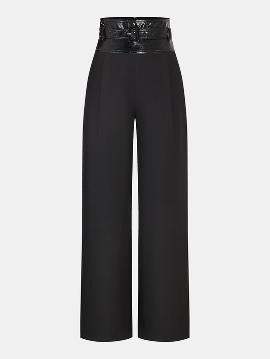 Faux Leather Waistband Wide-Leg Pants with Belt