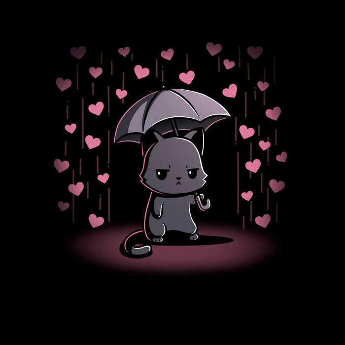 Classic Cotton T-shirt_TeeTurtle black Feeling Forecast Nope Classic Cotton T-shirt featuring a cat frowning and holding an umbrella, in the background there is pink rain with hearts.