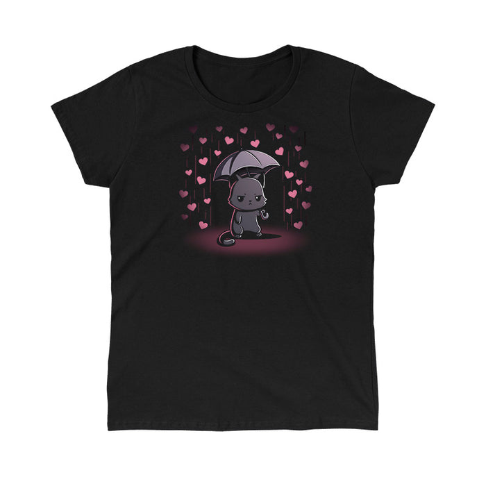 Classic Cotton T-shirt_TeeTurtle black Feeling Forecast Nope Classic Cotton T-shirt featuring a cat frowning and holding an umbrella, in the background there is pink rain with hearts.