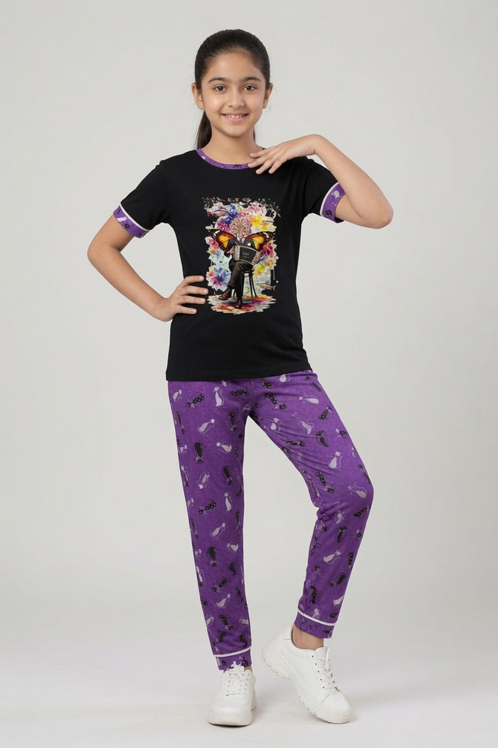 Girls Black Printed Single Jersey Cotton T-Shirt & Purple Printed Trouser Set